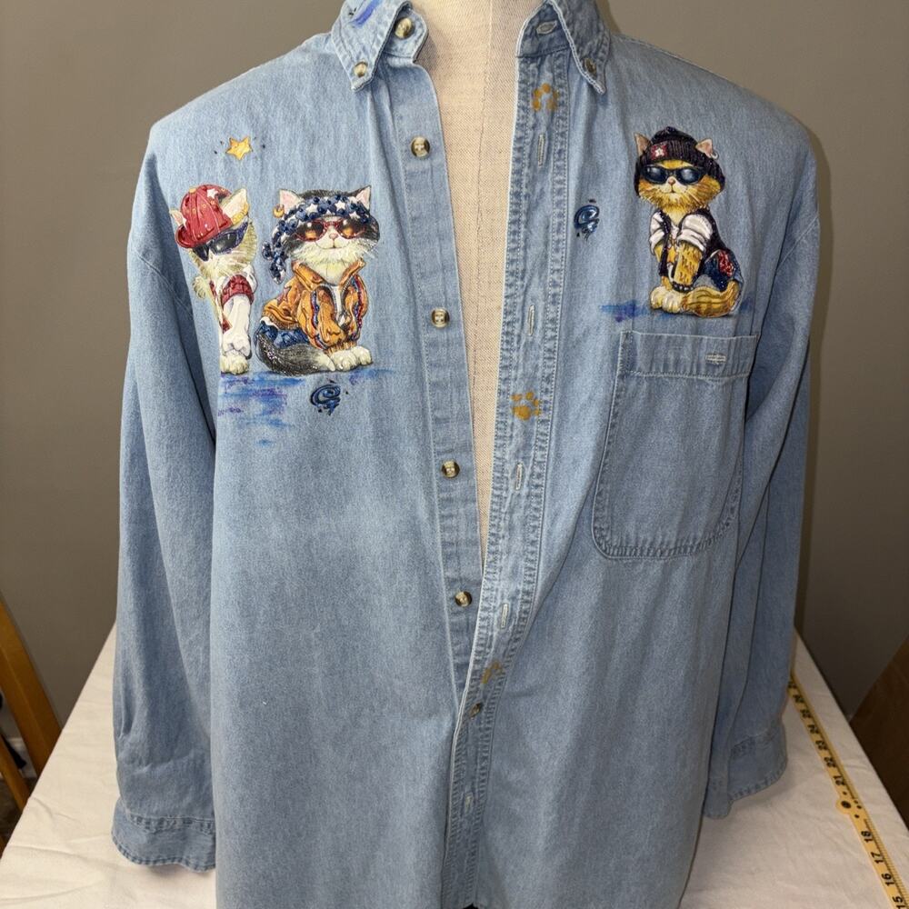 Vintage Viva Denim Shirt Embroidered Cats Made USA Novelty Button Down Large